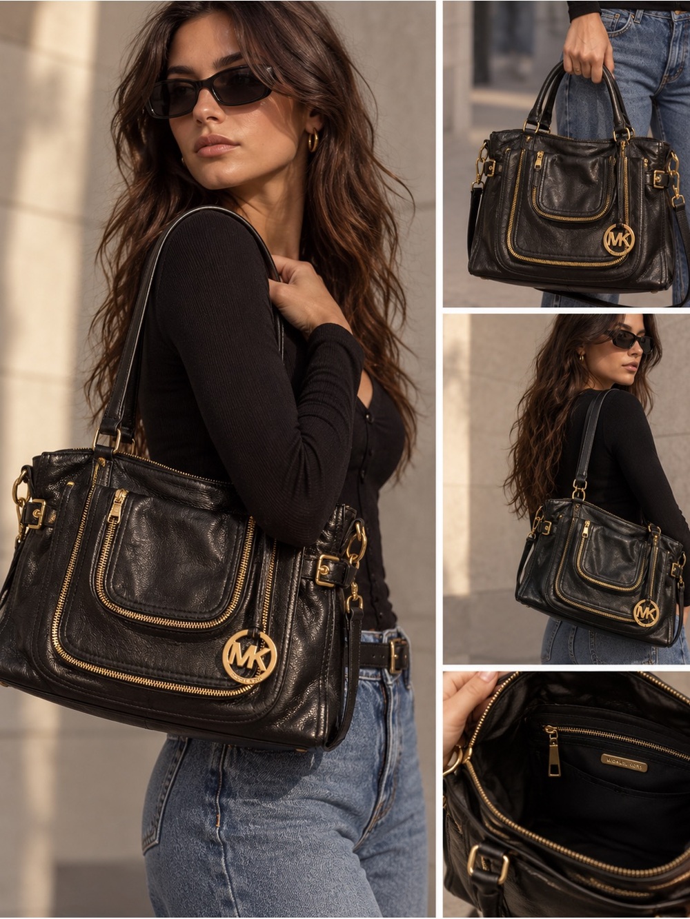 Michael Kors Black Leather Satchel with Gold Accents